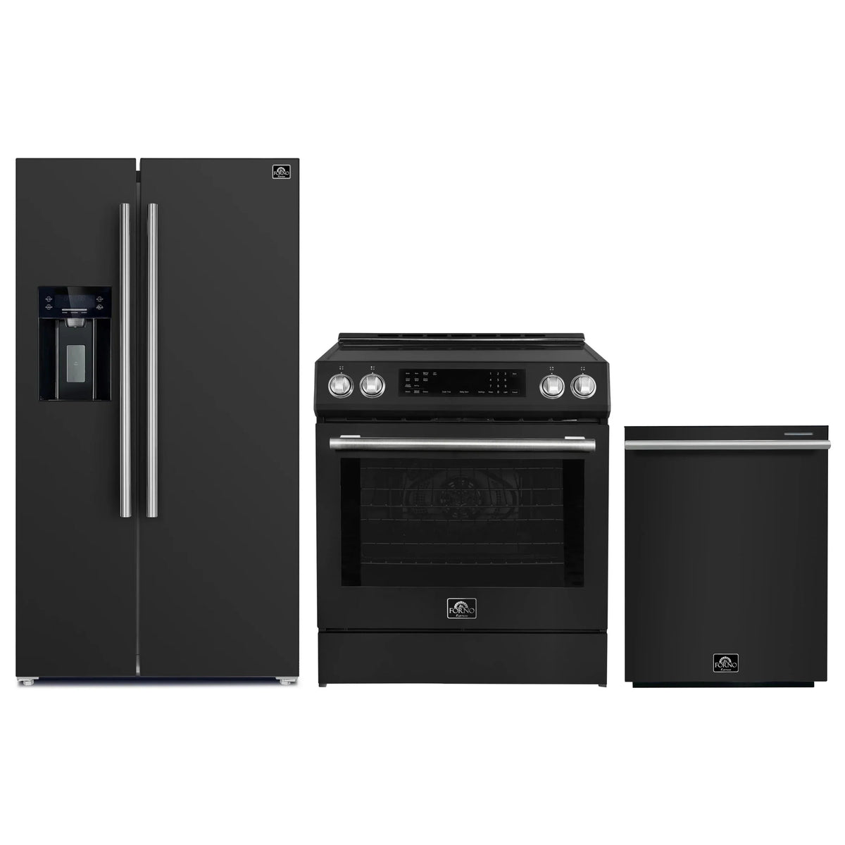 Forno Espresso 3-Piece Appliance Package - 30-Inch Induction Range, Refrigerator with Water Dispenser and Dishwasher in Black with Stainless Steel Trim