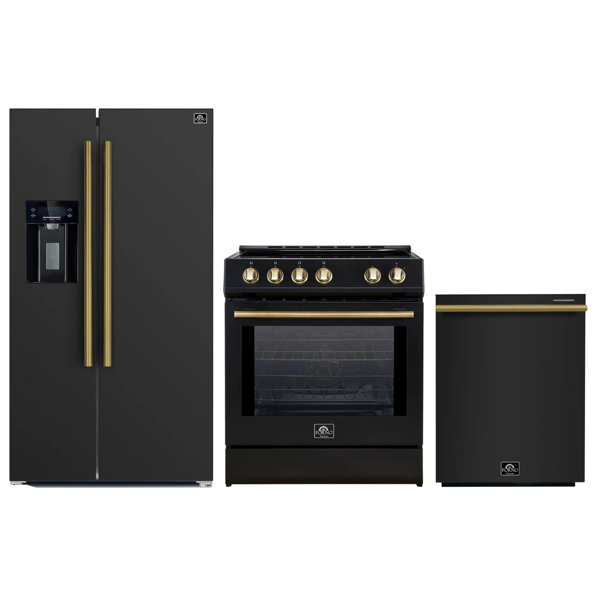 Forno 3-Piece Appliance Package: 30-Inch Induction Range, Water Dispenser Refrigerator, Dishwasher, Black with Antique Brass Trim