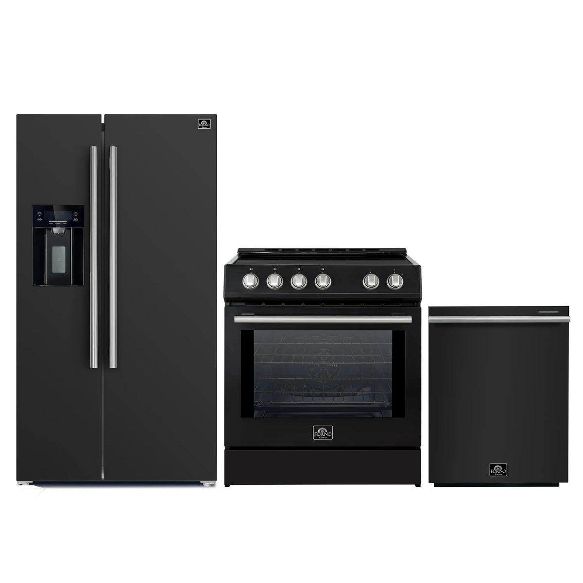 Forno 3-Piece Appliance Package: 30-Inch Induction Range, Water Dispenser Refrigerator, Dishwasher, Black with Stainless Steel Trim