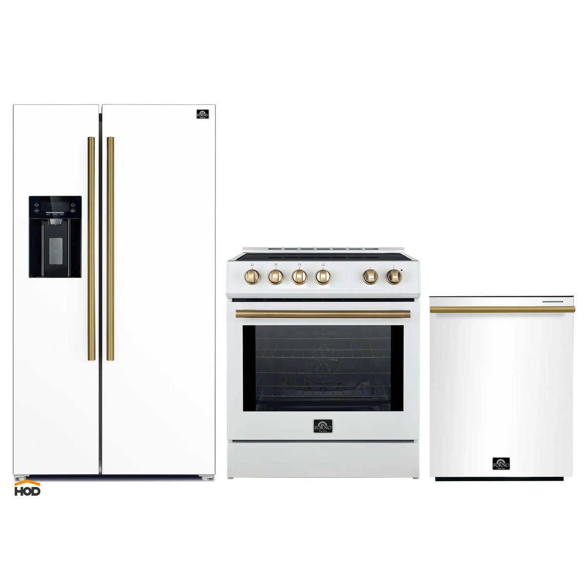Forno 3-Piece Appliance Package - 30-Inch Induction Range, Refrigerator with Water Dispenser, and Dishwasher in White with Antique Brass Trim
