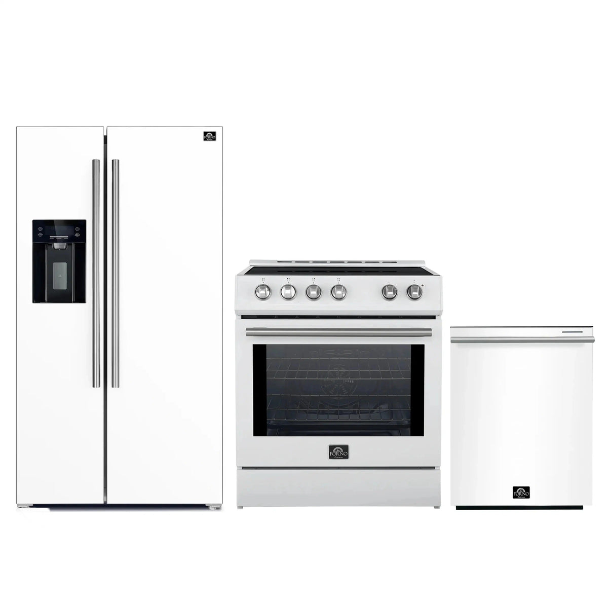 Forno 3-Piece Appliance Package: 30-Inch Induction Range, Water Dispenser Refrigerator, Dishwasher, White with Stainless Steel Trim