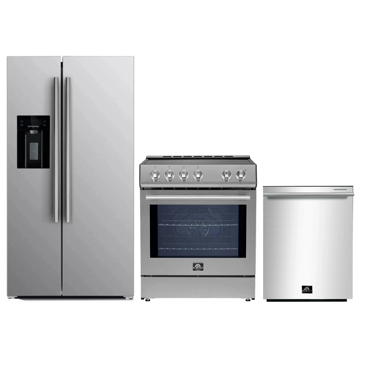 Forno 3-Piece Appliance Package: 30-Inch Induction Range, Water Dispenser Refrigerator, Dishwasher, Stainless Steel