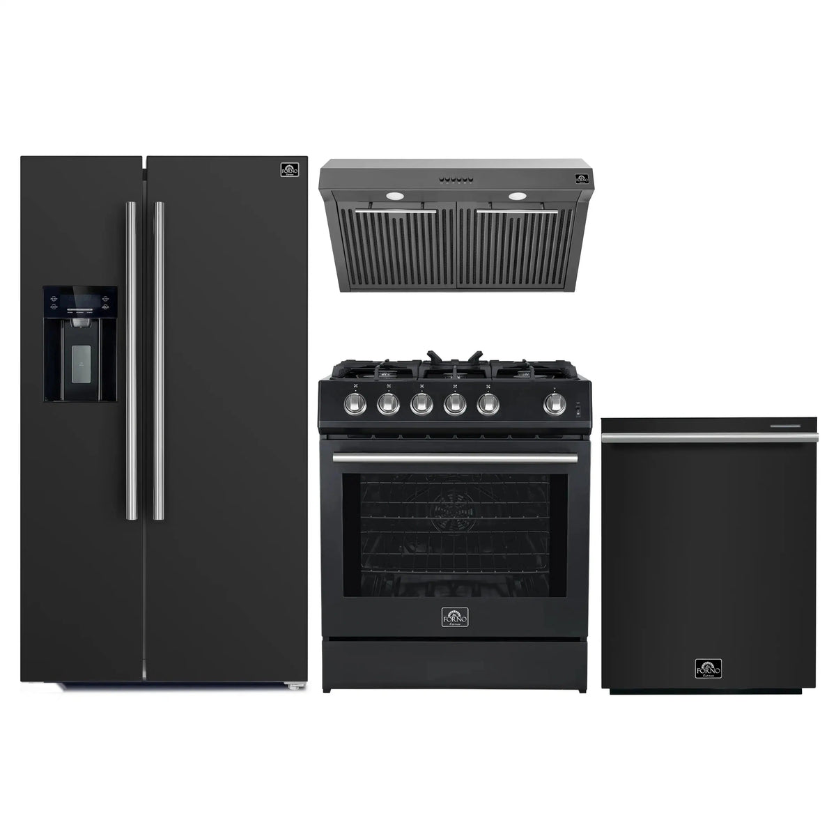 Forno 4-Piece Appliance Package: 30-Inch Gas Range, Hood, Water Dispenser Refrigerator, Dishwasher, Black with Stainless Steel Trim