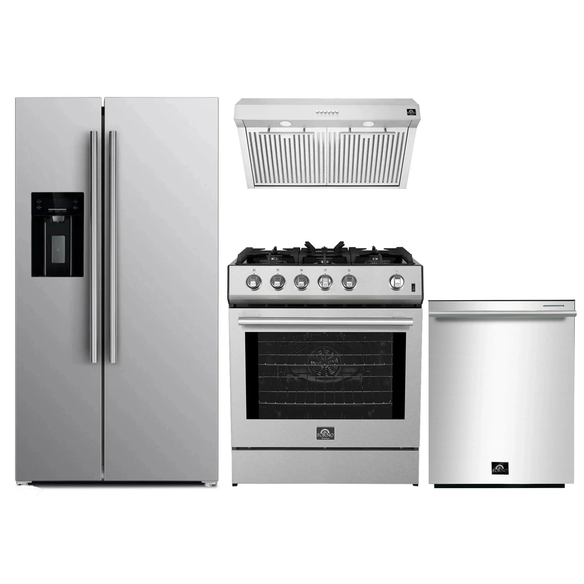 Forno 4-Piece Appliance Package: 30-Inch Gas Range, Hood, Water Dispenser Refrigerator, Dishwasher, Stainless Steel