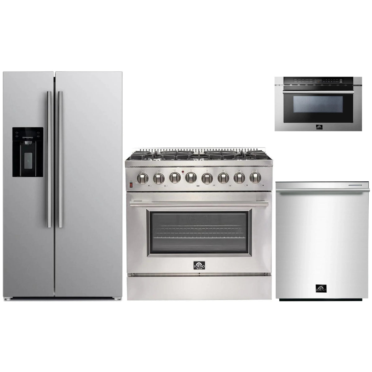 Forno 4-Piece Appliance Package - 36-Inch Dual Fuel Range, Refrigerator with Water Dispenser, 24-Inch Microwave Drawer, & 3-Rack Dishwasher in Stainless Steel