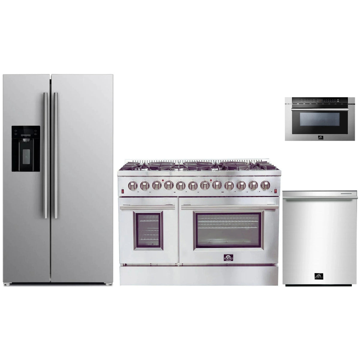 Forno 4-Piece Appliance Package - 48-Inch Dual Fuel Range, Refrigerator with Water Dispenser, 24-Inch Microwave Drawer, & 3-Rack Dishwasher in Stainless Steel