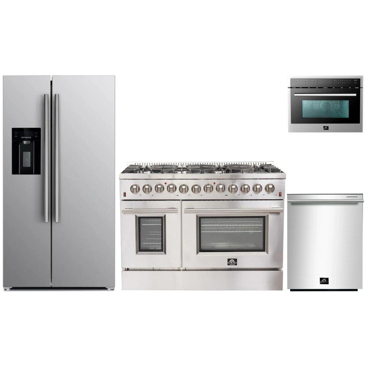 Forno 4-Piece Appliance Package - 48-Inch Dual Fuel Range, Refrigerator with Water Dispenser, 24-Inch Microwave Oven, & 3-Rack Dishwasher in Stainless Steel