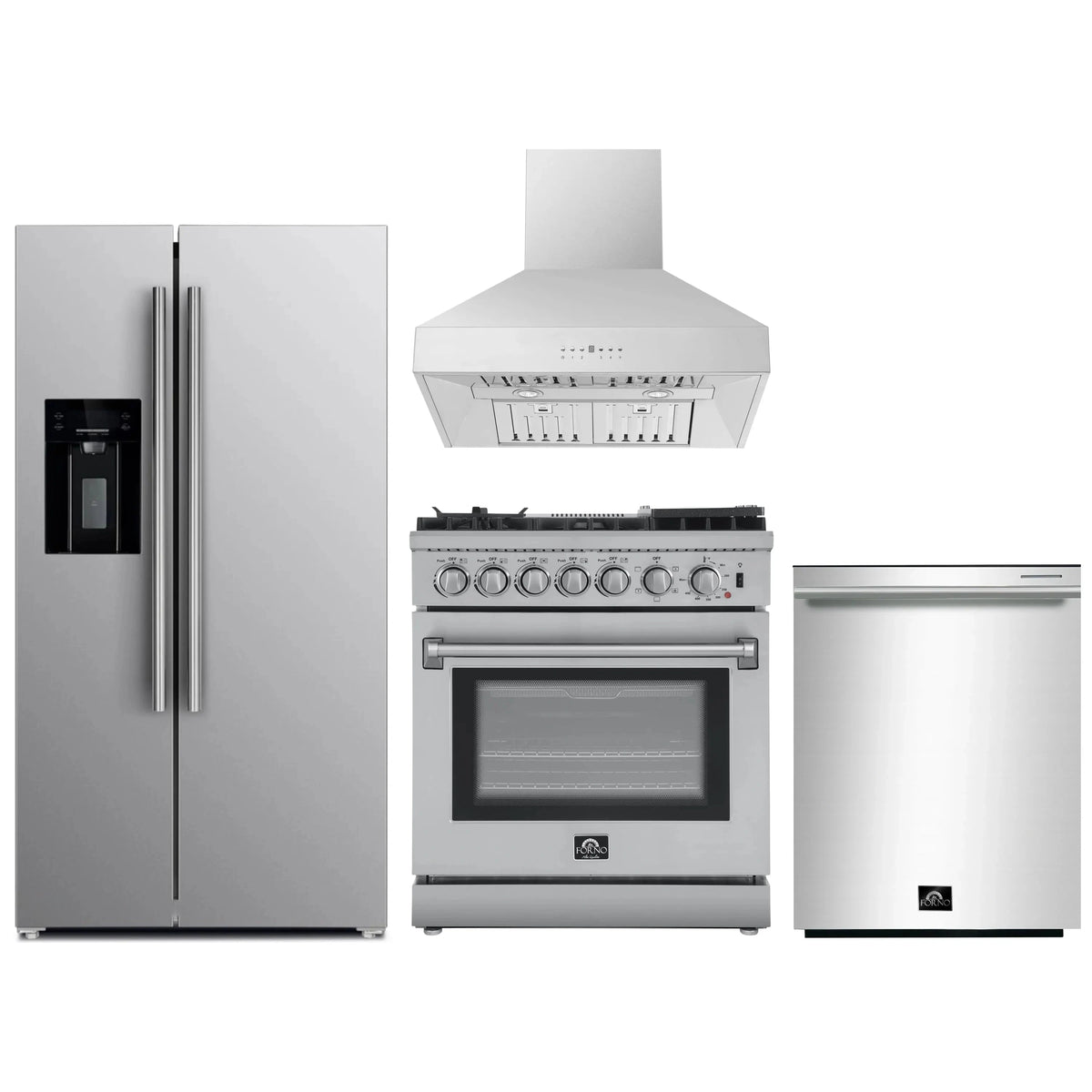 Forno 4-Piece Appliance Package: 30-Inch Dual Fuel Range, Hood, Water Dispenser Refrigerator, 3-Rack Dishwasher, Stainless Steel