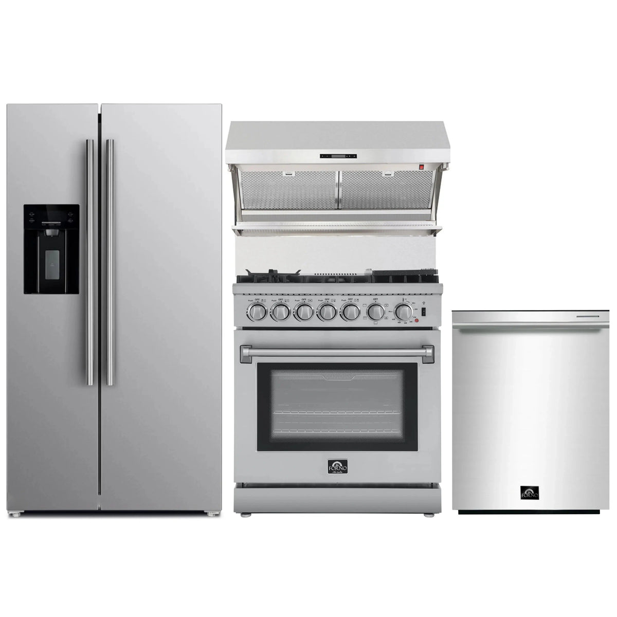 Forno 4-Piece Appliance Package: 30-Inch Dual Fuel Range, Backsplash Hood, Water Dispenser Refrigerator, 3-Rack Dishwasher, Stainless Steel