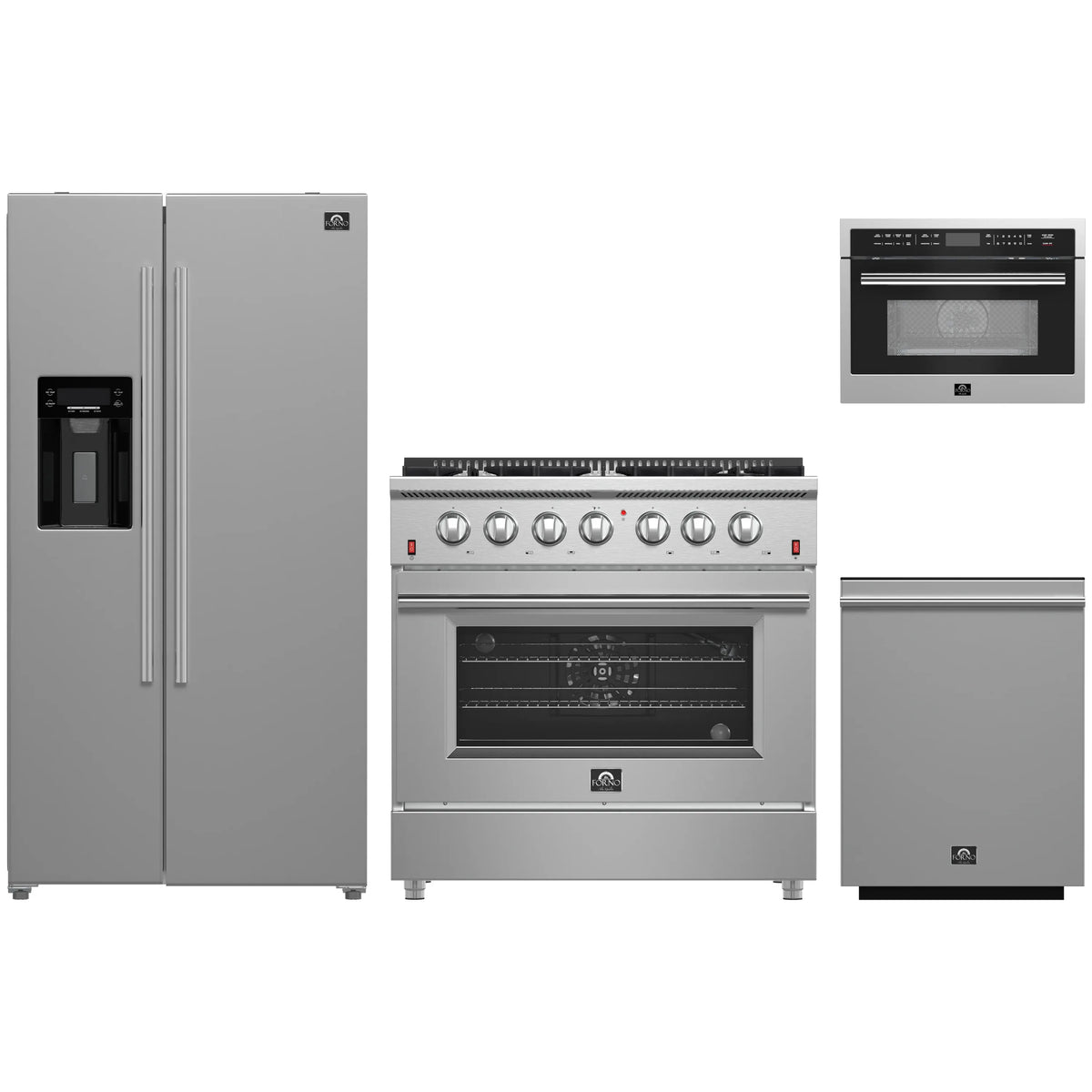 Forno 4-Piece Appliance Package - 36-Inch Gas Range, Refrigerator with Water Dispenser, 24-Inch Microwave Oven, & 3-Rack Dishwasher in Stainless Steel