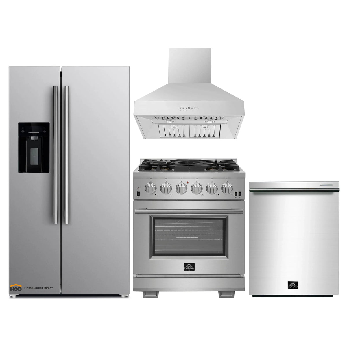Forno 4-Piece Pro Appliance Package - 30-Inch Gas Range, Refrigerator with Water Dispenser, Wall Mount Hood, & 3-Rack Dishwasher in Stainless Steel