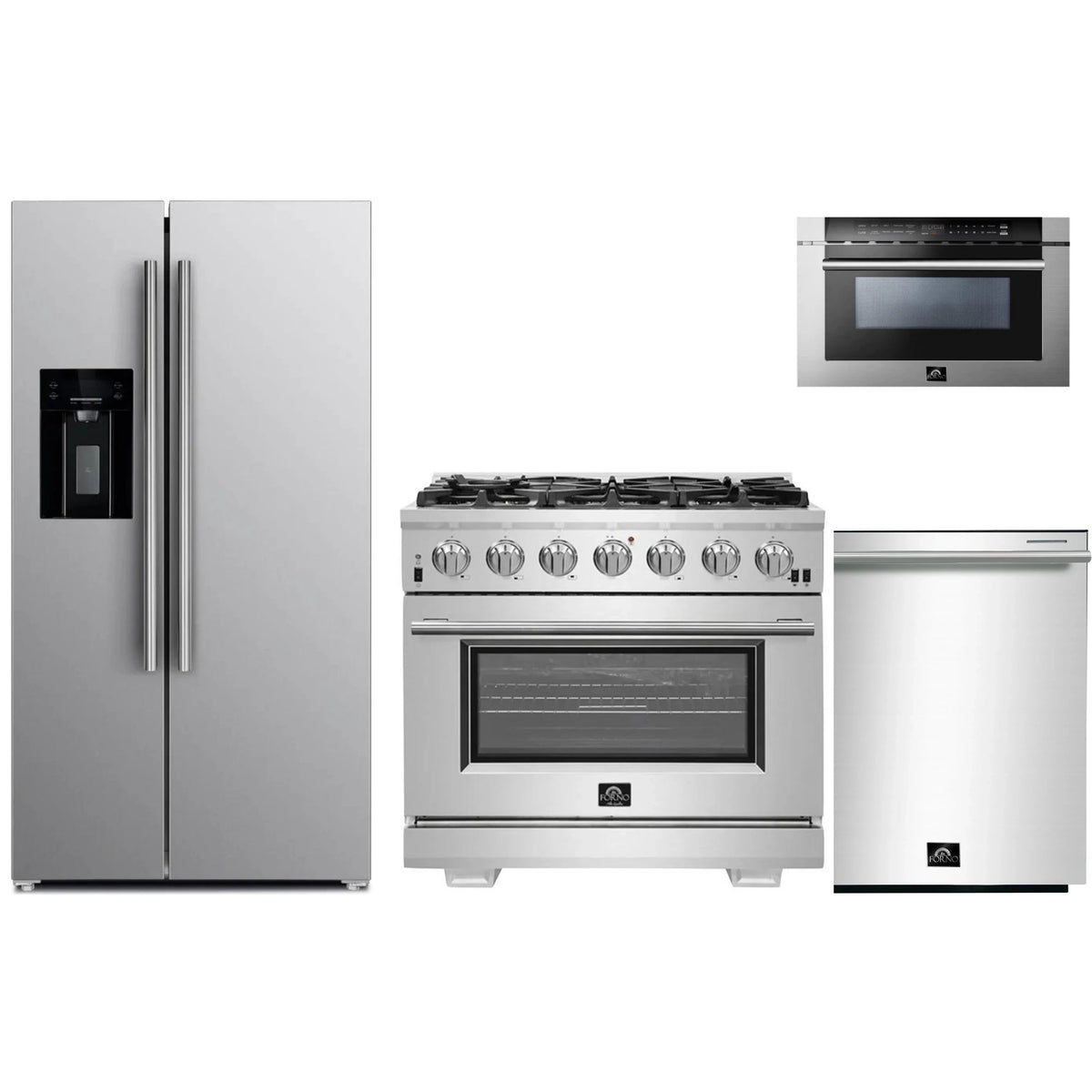Forno 4-Piece Pro Appliance Package - 36-Inch Gas Range, Refrigerator with Water Dispenser, 24-Inch Microwave Drawer, & 3-Rack Dishwasher in Stainless Steel