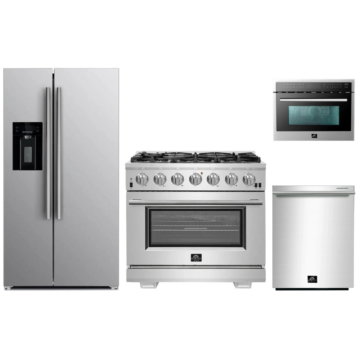 Forno 4-Piece Pro Appliance Package - 36-Inch Gas Range, Refrigerator with Water Dispenser, 24-Inch Microwave Oven, & 3-Rack Dishwasher in Stainless Steel