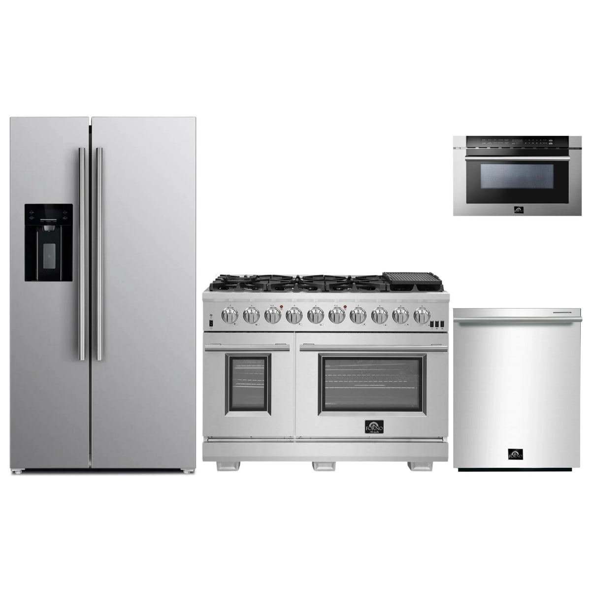 Forno 4-Piece Pro Appliance Package - 48-Inch Gas Range, Refrigerator with Water Dispenser, 24-Inch Microwave Drawer, & 3-Rack Dishwasher in Stainless Steel