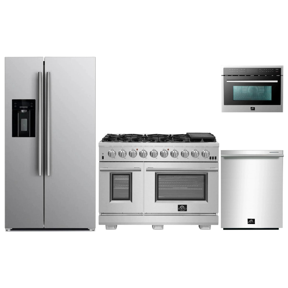 Forno 4-Piece Pro Appliance Package - 48-Inch Gas Range, Refrigerator with Water Dispenser, 24-Inch Microwave Oven, & 3-Rack Dishwasher in Stainless Steel
