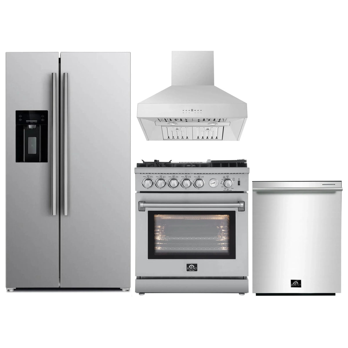 Forno 4-Piece Appliance Package - 30-Inch Gas Range with Air Fryer, Refrigerator with Water Dispenser, Wall Mount Hood, & 3-Rack Dishwasher in Stainless Steel