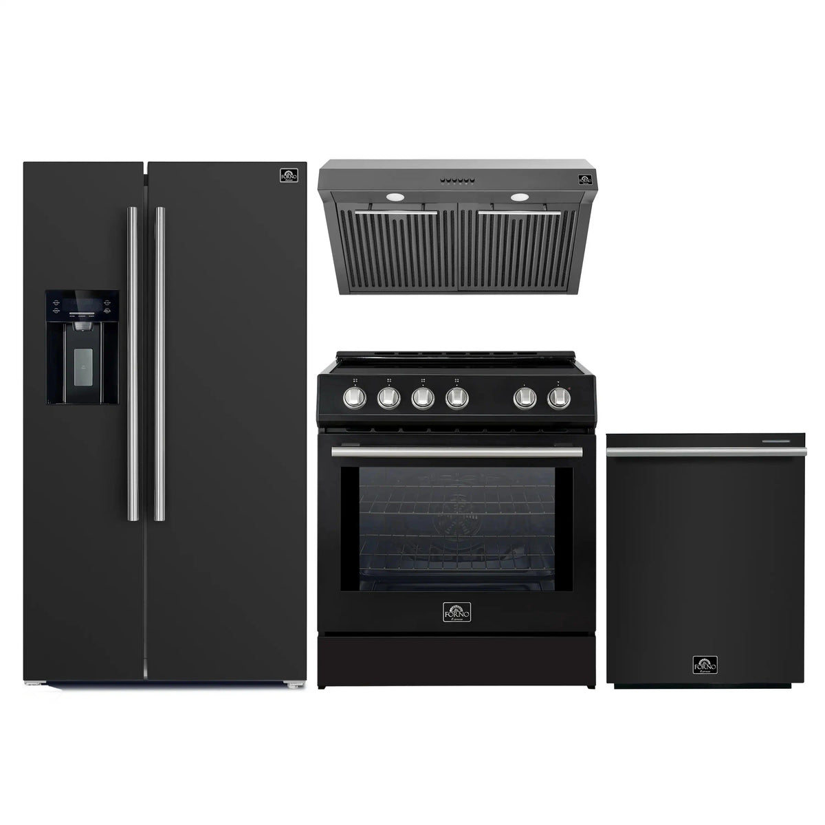 Forno 4-Piece Appliance Package: 30-Inch Induction Range, Hood, Water Dispenser Refrigerator, Dishwasher, Black with Stainless Steel Trim