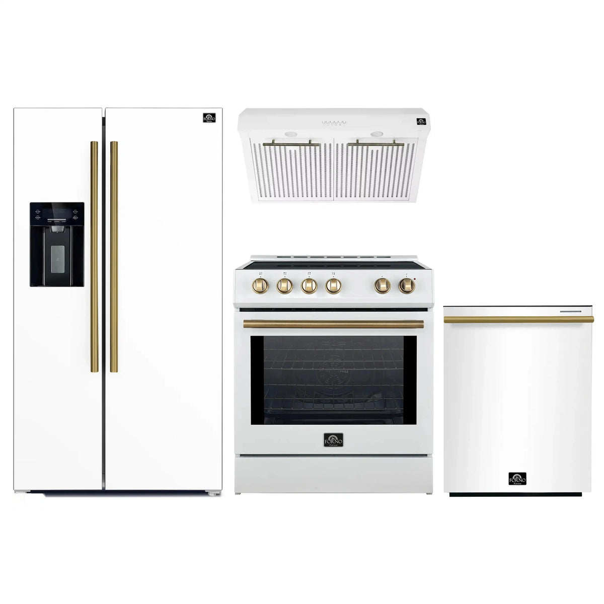 Forno 4-Piece Appliance Package: 30-Inch Induction Range, Hood, Water Dispenser Refrigerator, Dishwasher, White with Antique Brass Trim