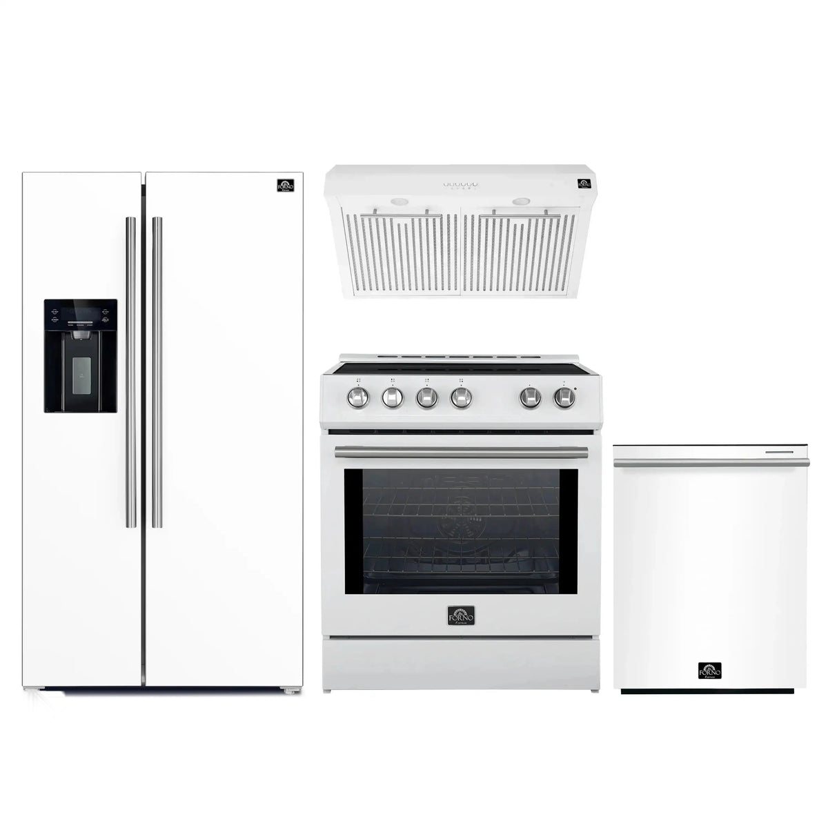 Forno 4-Piece Appliance Package: 30-Inch Induction Range, Hood, Water Dispenser Refrigerator, Dishwasher, White with Stainless Steel Trim