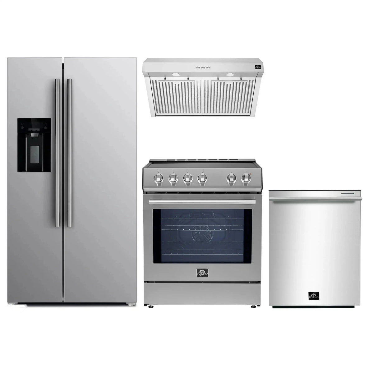 Forno 4-Piece Appliance Package: 30-Inch Induction Range, Hood, Water Dispenser Refrigerator, Dishwasher, Stainless Steel