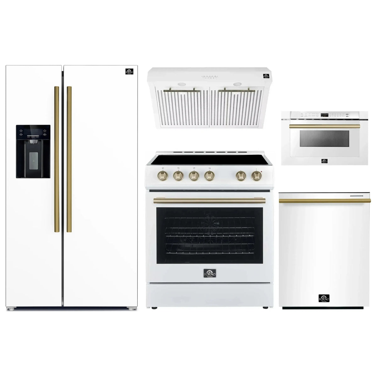 Forno 5-Piece Appliance Package - 30-Inch Electric Range, Under Cabinet Range Hood, Refrigerator with Water Dispenser, Dishwasher, and Microwave Drawer in White with Antique Brass Trim