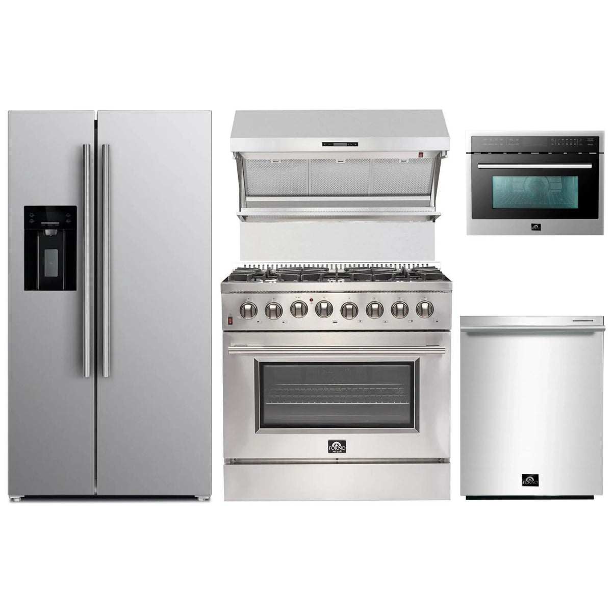 Forno 5-Piece Appliance Package - 36-Inch Dual Fuel Range, Refrigerator with Water Dispenser, Wall Mount Hood with Backsplash, 24-Inch Microwave Oven, & 3-Rack Dishwasher in Stainless Steel