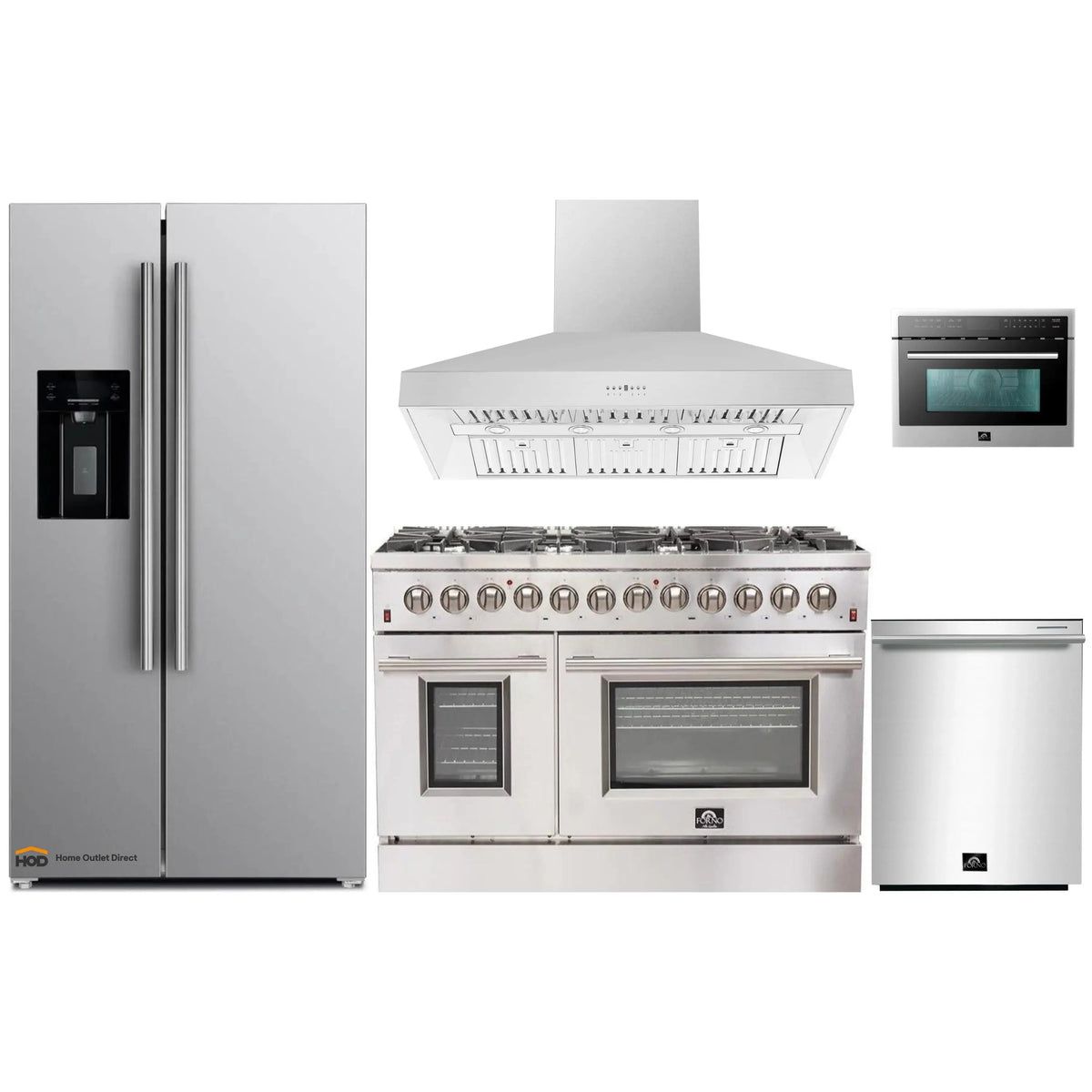Forno 5-Piece Appliance Package - 48-Inch Dual Fuel Range, Refrigerator with Water Dispenser, Wall Mount Hood, 24-Inch Microwave Oven, & 3-Rack Dishwasher in Stainless Steel