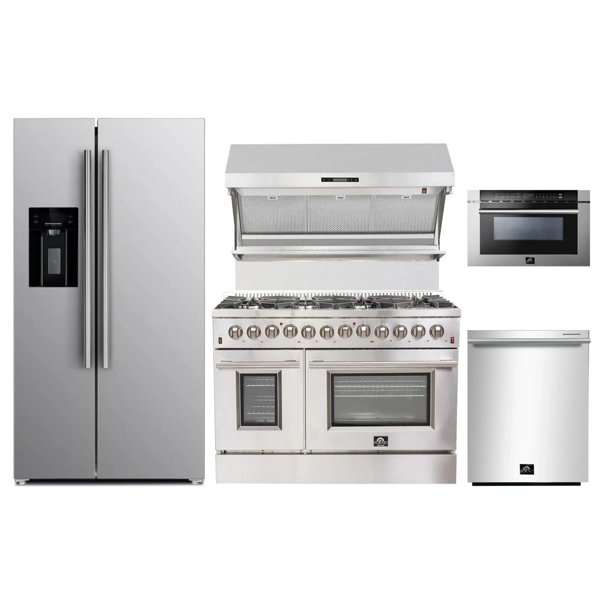 Forno 5-Piece Appliance Package - 48-Inch Dual Fuel Range, Refrigerator with Water Dispenser, Wall Mount Hood with Backsplash, 24-Inch Microwave Drawer, & 3-Rack Dishwasher in Stainless Steel