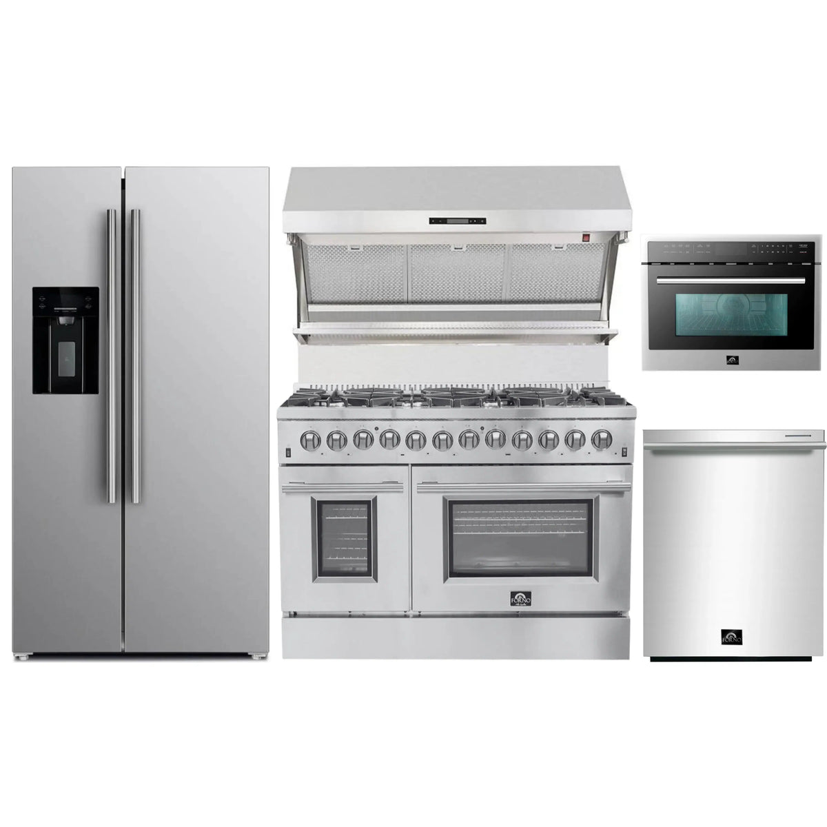 Forno 5-Piece Appliance Package - 48-Inch Dual Fuel Range, Refrigerator with Water Dispenser, Wall Mount Hood with Backsplash, 24-Inch Microwave Oven, & 3-Rack Dishwasher in Stainless Steel