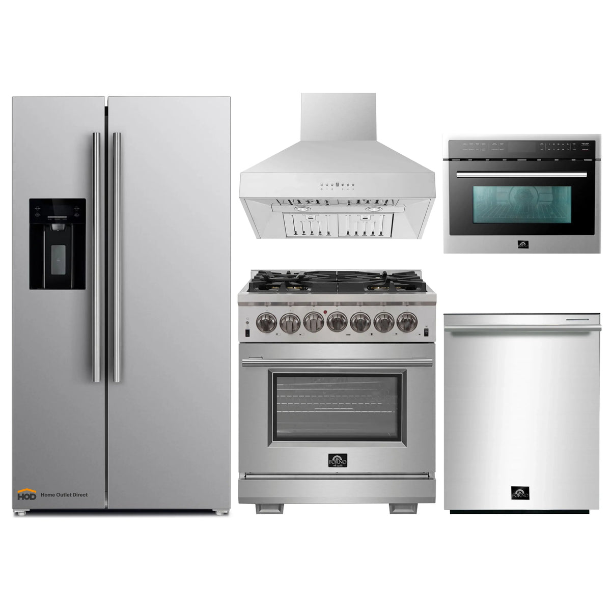 Forno 5-Piece Pro Appliance Package - 30-Inch Dual Fuel Range, Refrigerator with Water Dispenser, Wall Mount Hood, 24-Inch Microwave Oven, & 3-Rack Dishwasher in Stainless Steel