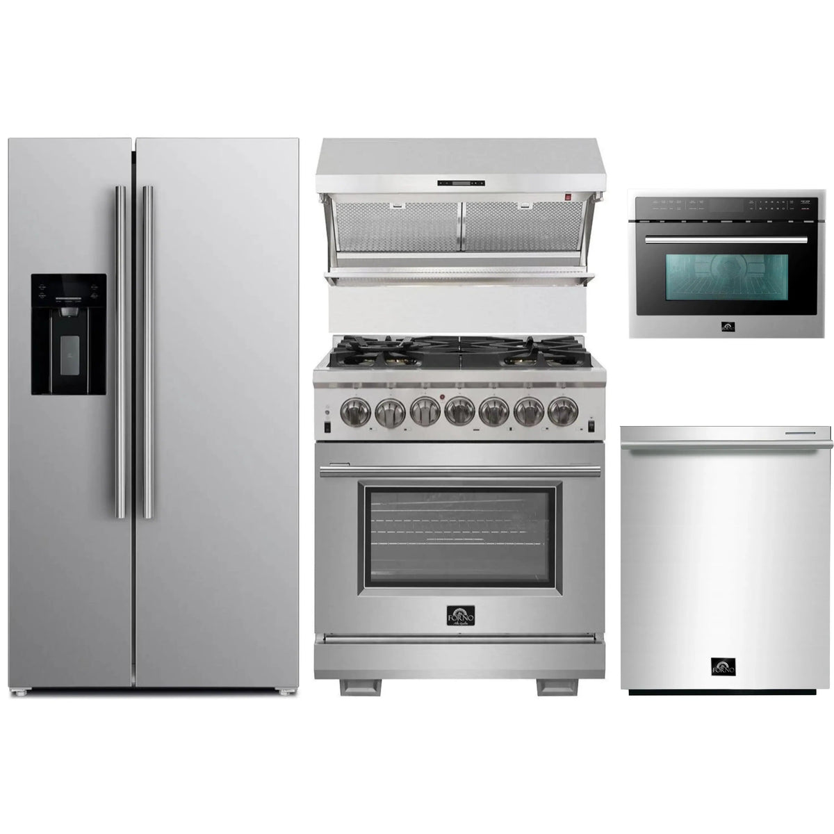 Forno 5-Piece Pro Appliance Package - 30-Inch Dual Fuel Range, Refrigerator with Water Dispenser, Wall Mount Hood with Backsplash, 24-Inch Microwave Oven, & 3-Rack Dishwasher in Stainless Steel