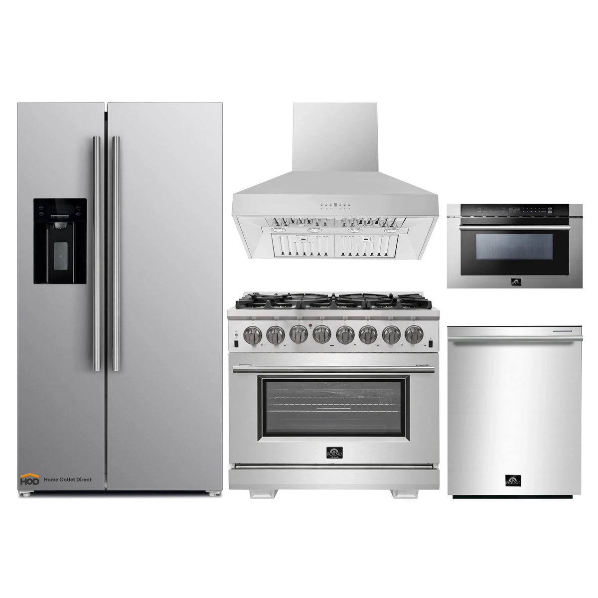 Forno 5-Piece Pro Appliance Package - 36-Inch Dual Fuel Range, Refrigerator with Water Dispenser, Wall Mount Hood, 24-Inch Microwave Drawer, & 3-Rack Dishwasher in Stainless Steel