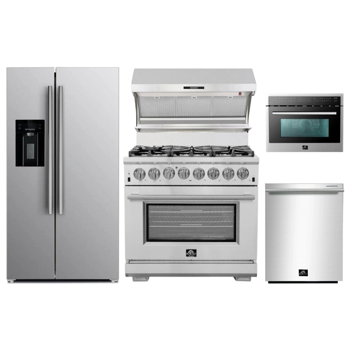 Forno 5-Piece Pro Appliance Package - 36-Inch Dual Fuel Range, Refrigerator with Water Dispenser, Wall Mount Hood with Backsplash, 24-Inch Microwave Oven, & 3-Rack Dishwasher in Stainless Steel