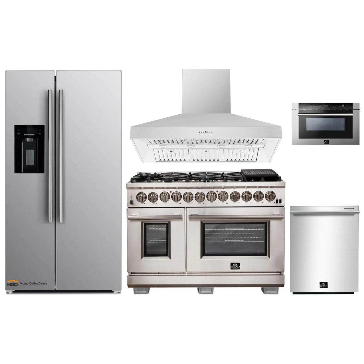 Forno Pro 5-Piece Appliance Package: 48" Dual Fuel Range, Hood, 24" Microwave Drawer, Water Dispenser Refrigerator, 3-Rack Dishwasher, Stainless Steel