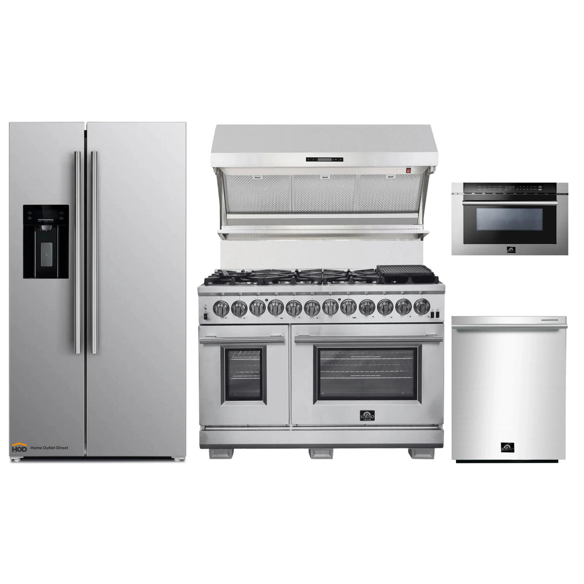 Forno 5-Piece Pro Appliance Package - 48-Inch Dual Fuel Range, Refrigerator with Water Dispenser, Wall Mount Hood with Backsplash, 24-Inch Microwave Drawer, & 3-Rack Dishwasher in Stainless Steel