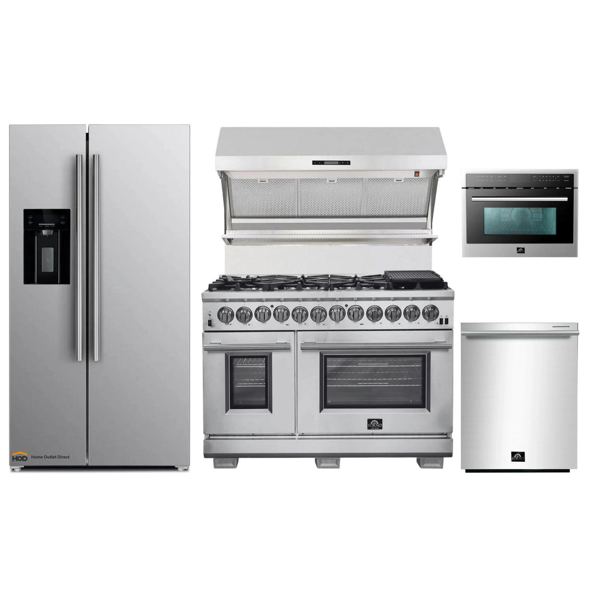 Forno 5-Piece Pro Appliance Package - 48-Inch Dual Fuel Range, Refrigerator with Water Dispenser, Wall Mount Hood with Backsplash, 24-Inch Microwave Oven, & 3-Rack Dishwasher in Stainless Steel