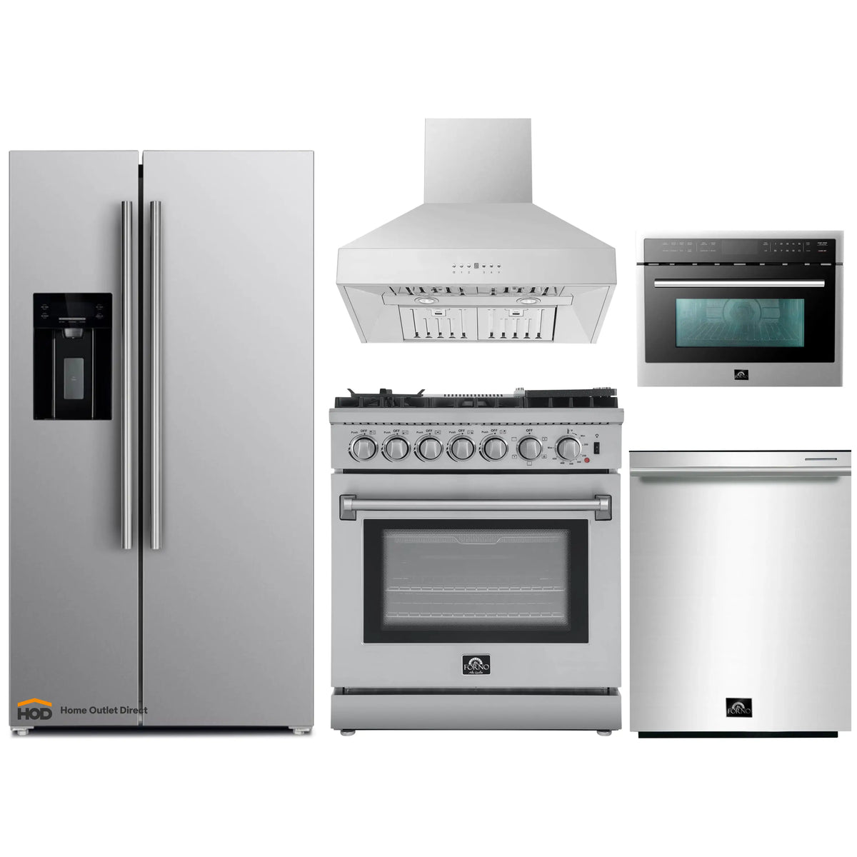 Forno 5-Piece Appliance Package - 30-Inch Dual Fuel Range with Air Fryer, Refrigerator with Water Dispenser, Wall Mount Hood, 24-Inch Microwave Drawer, & 3-Rack Dishwasher in Stainless Steel