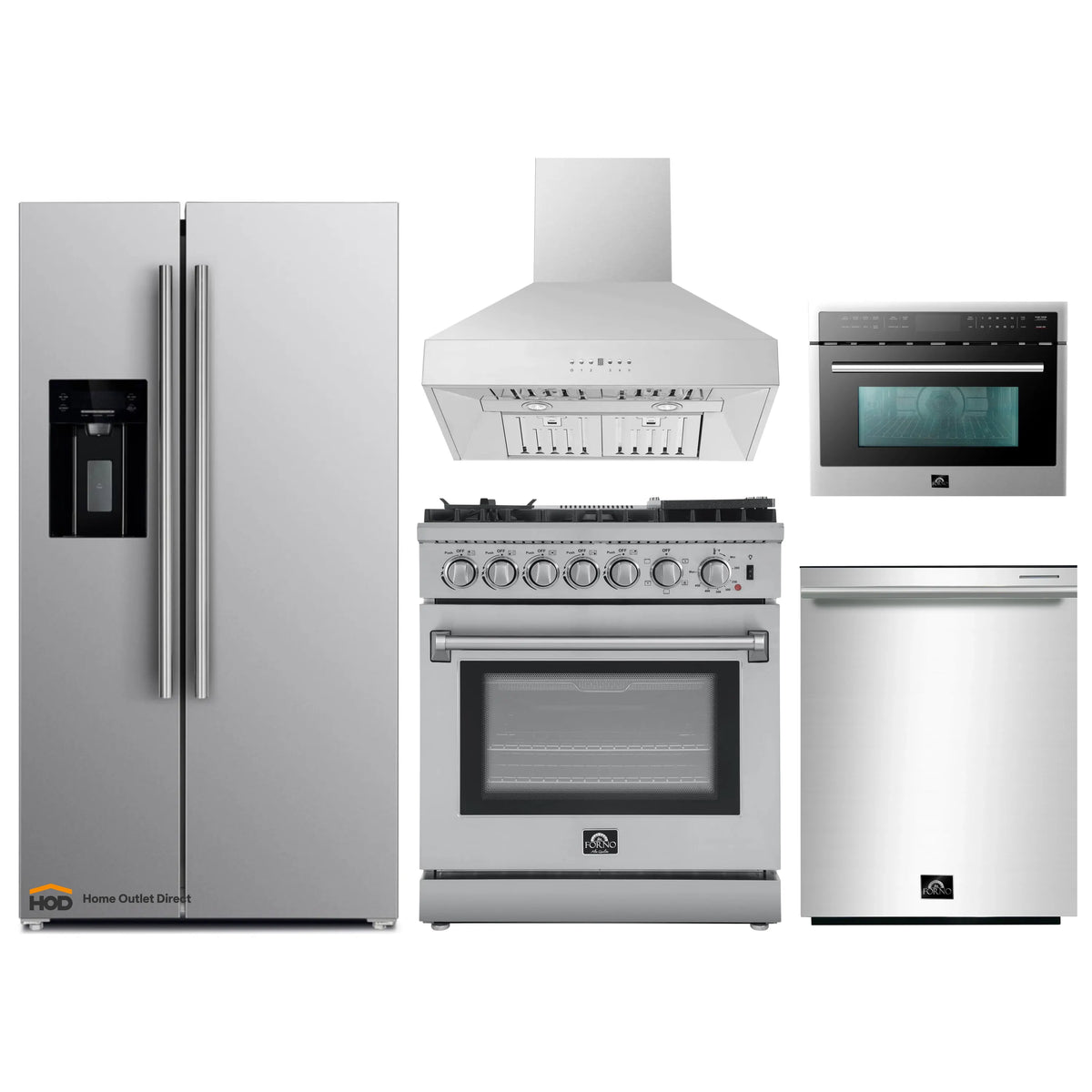 Forno 5-Piece Appliance Package - 30-Inch Dual Fuel Range with Air Fryer, Refrigerator with Water Dispenser, Wall Mount Hood, 24-Inch Microwave Oven, & 3-Rack Dishwasher in Stainless Steel