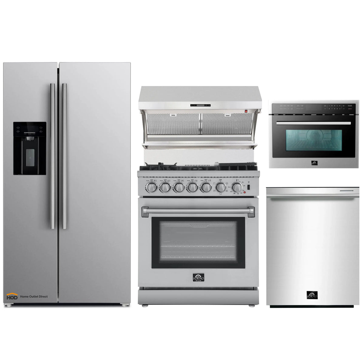 Forno 5-Piece Appliance Package - 30-Inch Dual Fuel Range with Air Fryer, Refrigerator with Water Dispenser, Wall Mount Hood with Backsplash, 24-Inch Microwave Oven, & 3-Rack Dishwasher in Stainless Steel
