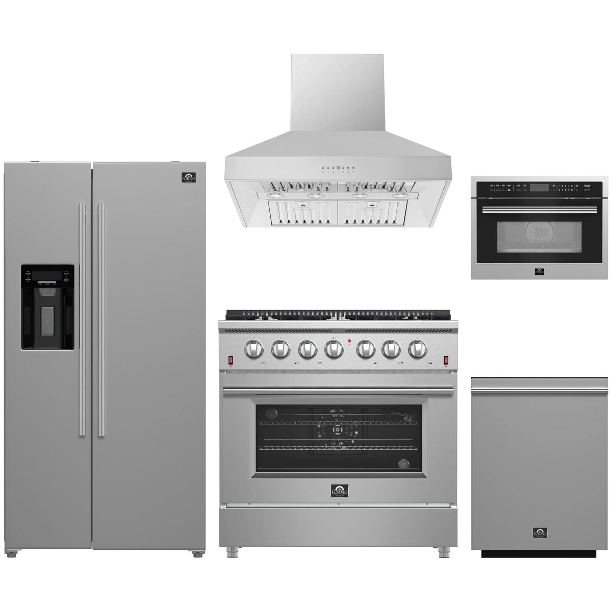 Forno 5-Piece Appliance Package - 36-Inch Gas Range, Refrigerator with Water Dispenser, Wall Mount Hood, 24-Inch Microwave Oven, & 3-Rack Dishwasher in Stainless Steel