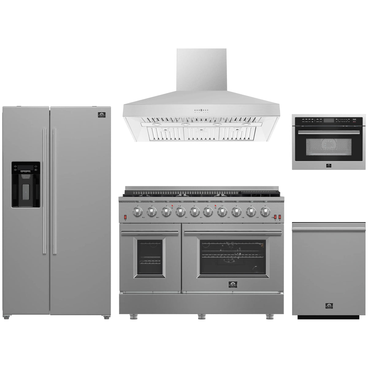 Forno 5-Piece Appliance Package - 48-Inch Gas Range, Refrigerator with Water Dispenser, Wall Mount Hood, 24-Inch Microwave Oven, & 3-Rack Dishwasher in Stainless Steel
