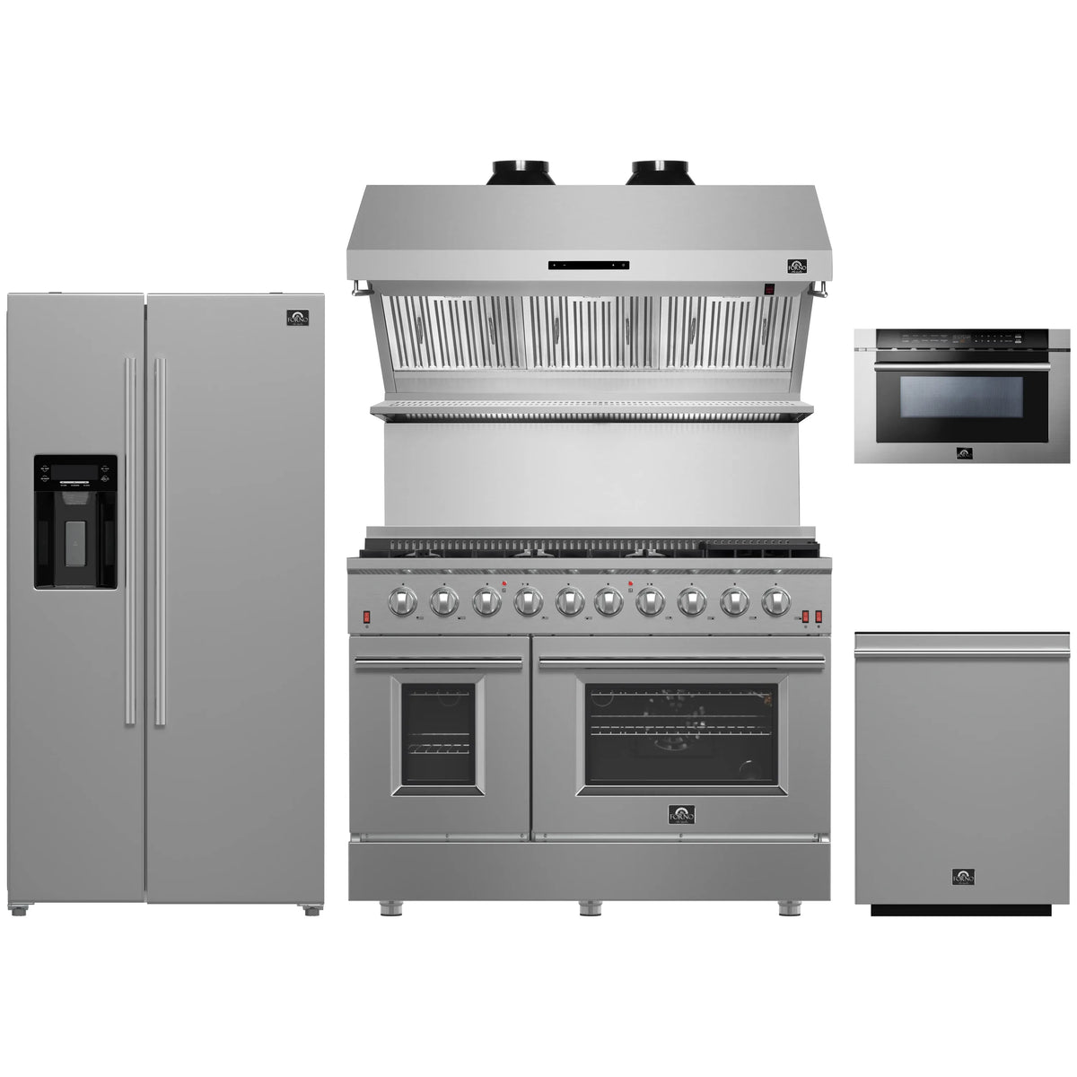 Forno 5-Piece Appliance Package - 48-Inch Gas Range, Refrigerator with Water Dispenser, Wall Mount Hood with Backsplash, 24-Inch Microwave Drawer, & 3-Rack Dishwasher in Stainless Steel