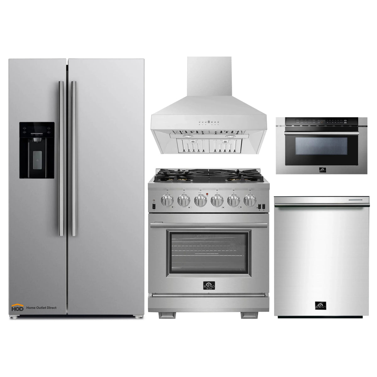 Forno 5-Piece Pro Appliance Package - 30-Inch Gas Range, Refrigerator with Water Dispenser, Wall Mount Hood, 24-Inch Microwave Drawer, & 3-Rack Dishwasher in Stainless Steel
