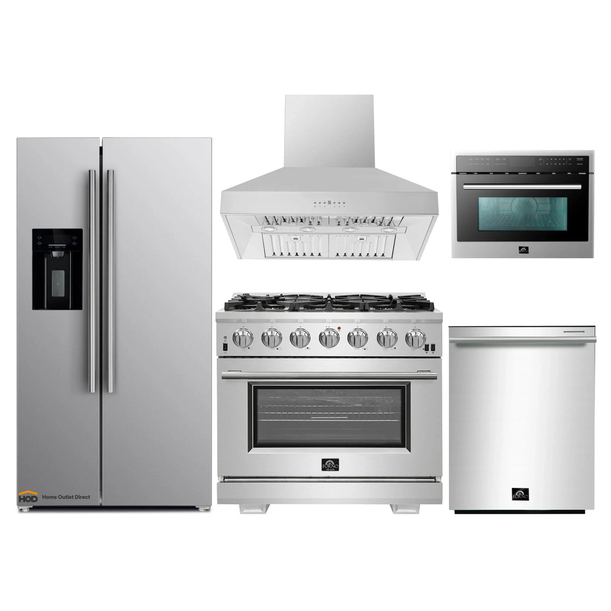 Forno 5-Piece Pro Appliance Package - 36-Inch Gas Range, Refrigerator with Water Dispenser, Wall Mount Hood, 24-Inch Microwave Oven, & 3-Rack Dishwasher in Stainless Steel