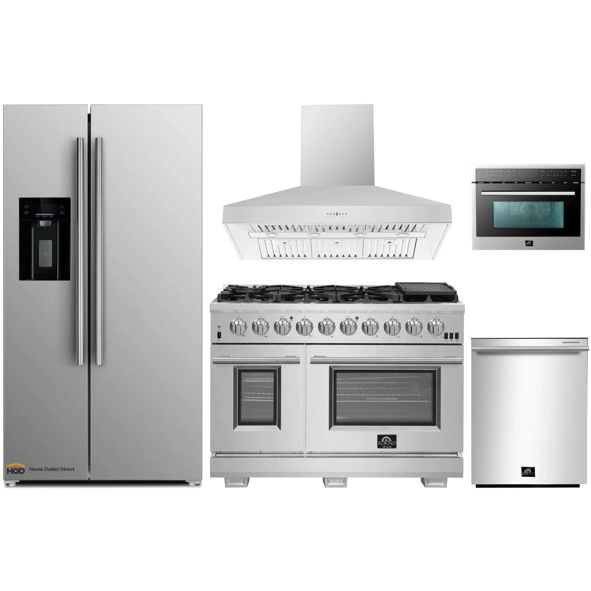 Forno Pro 5-Piece Appliance Package: 48-Inch Gas Range, Hood, 24-Inch Microwave Oven, Water Dispenser Refrigerator, 3-Rack Dishwasher, Stainless Steel
