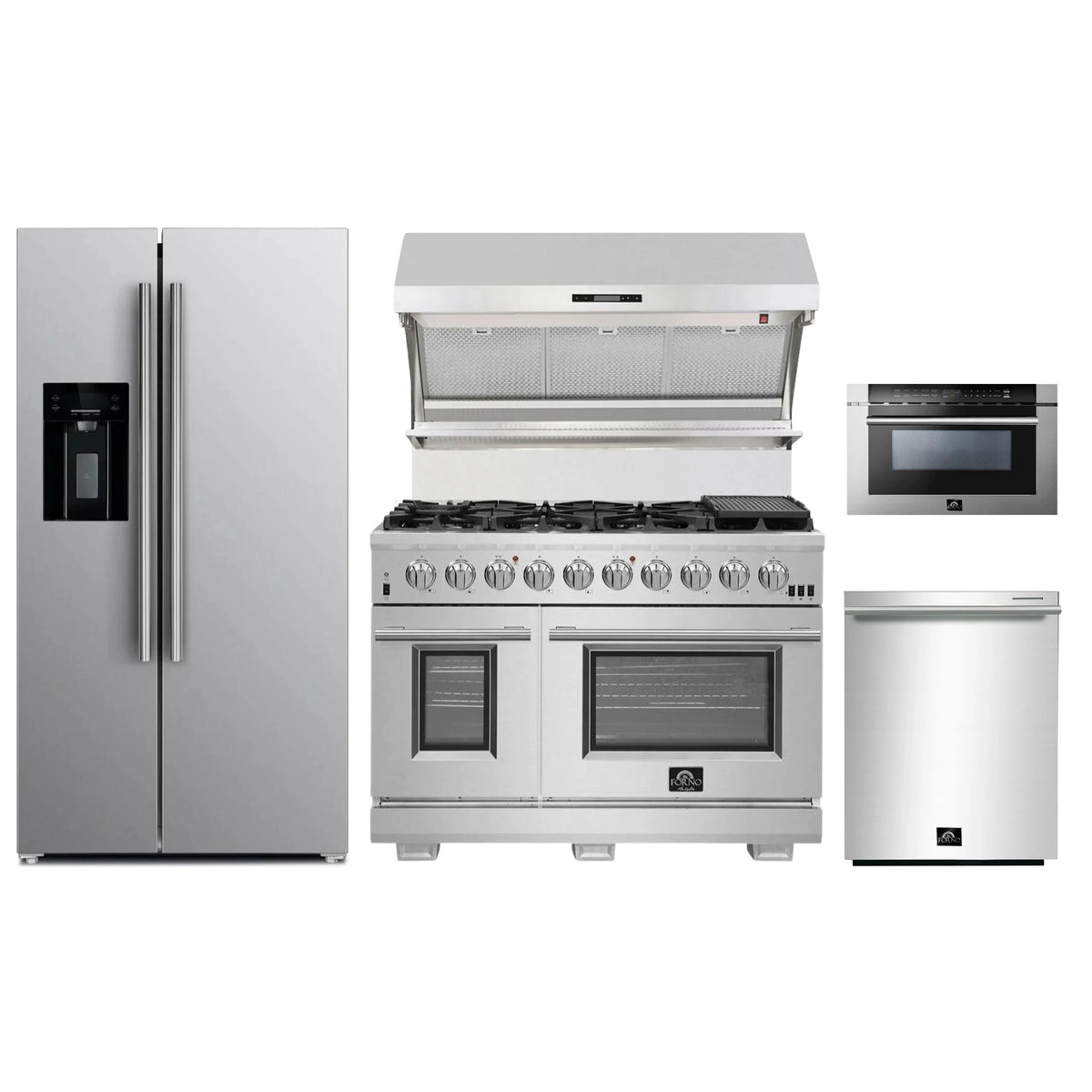 Forno 5-Piece Pro Appliance Package - 48-Inch Gas Range, Refrigerator with Water Dispenser, Wall Mount Hood with Backsplash, 24-Inch Microwave Drawer, & 3-Rack Dishwasher in Stainless Steel