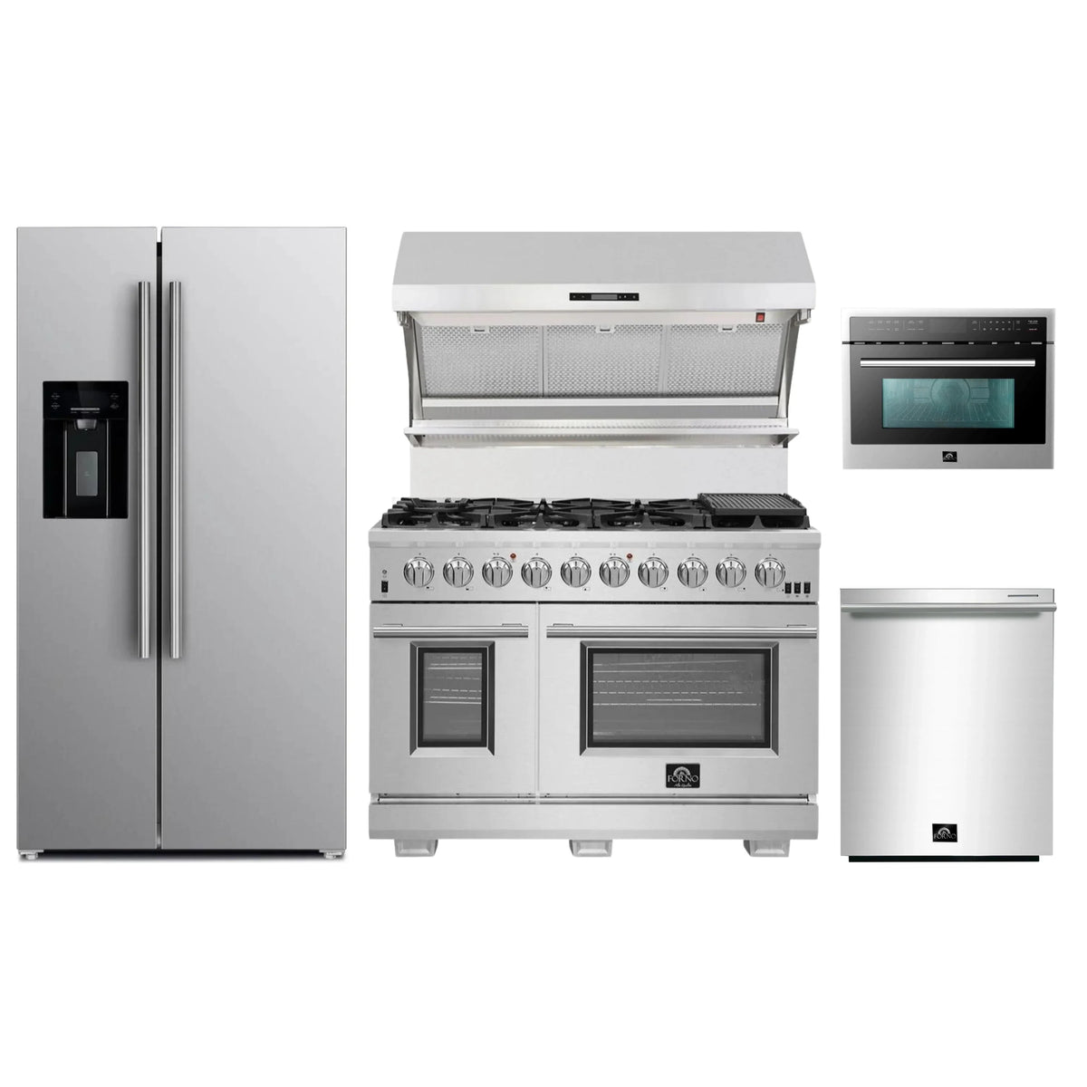 Forno 5-Piece Pro Appliance Package - 48-Inch Gas Range, Refrigerator with Water Dispenser, Wall Mount Hood with Backsplash, 24-Inch Microwave Oven, & 3-Rack Dishwasher in Stainless Steel