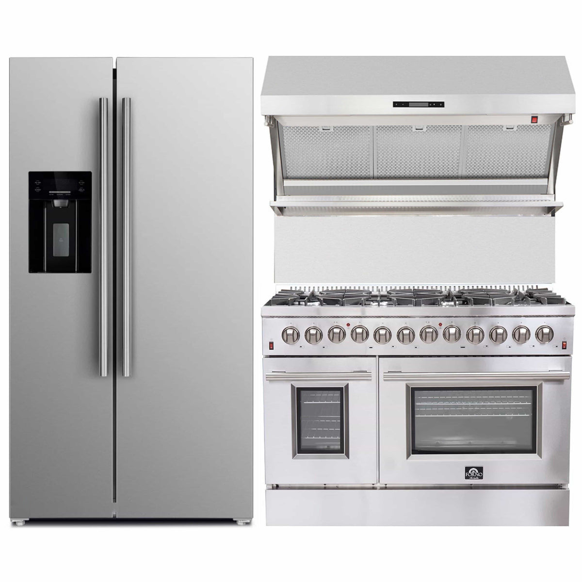 Forno 3-Piece Appliance Package: 48-Inch Dual Fuel Range, Wall-Mount Backsplash Hood, Water Dispenser Refrigerator, Stainless Steel