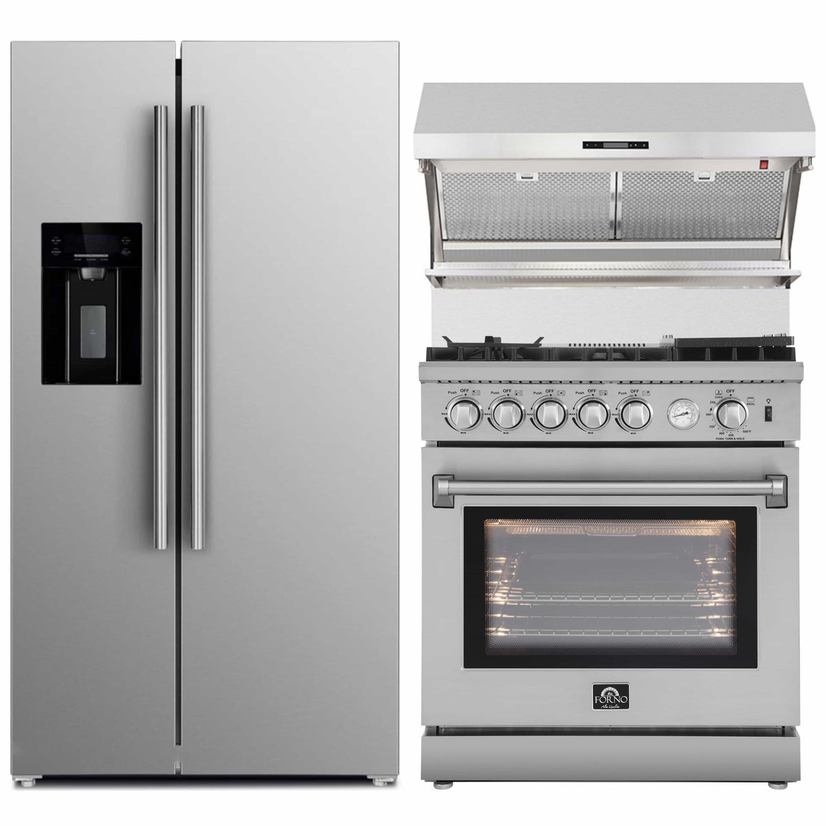 Forno 3-Piece Appliance Package: 30-Inch Air Fryer Gas Range, Backsplash Hood, Water Dispenser Refrigerator, Stainless Steel