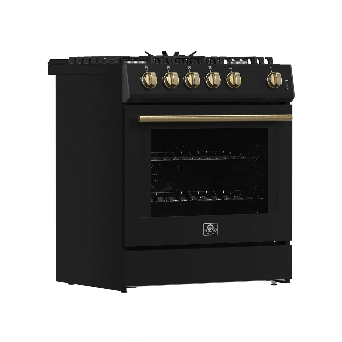 Forno Leonardo Espresso 30-Inch Freestanding Gas Range, Black with Antique Brass Trim (FFSGS1116-30BLK)